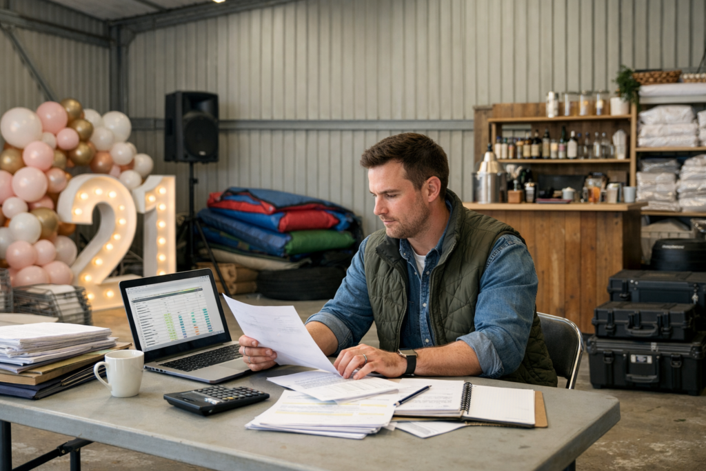 Event business owner reviewing documents reading how to finance a small event business