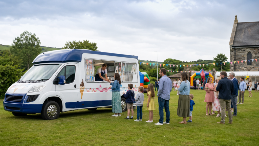 Ice cream van for private hire at a church fair in summertime