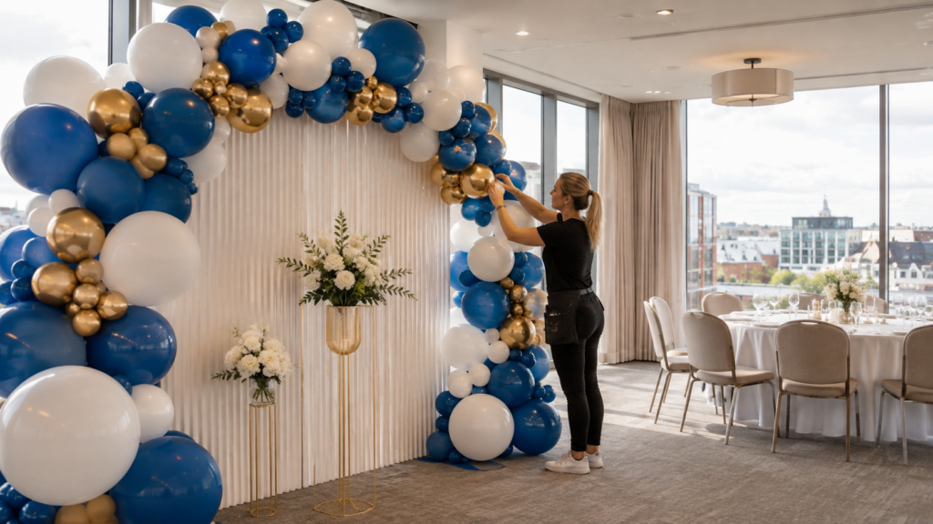 Balloon decorators Belfast putting finishing touches to a blue and white balloon arch