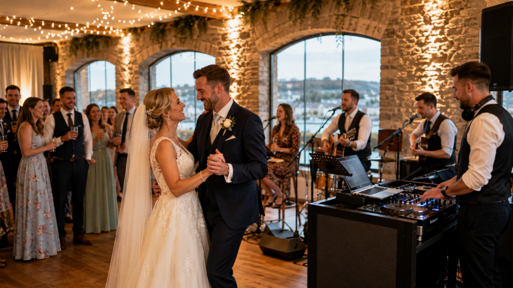 Bride and groom dancing with a wedding DJ and live band at a North West Northern Ireland wedding reception