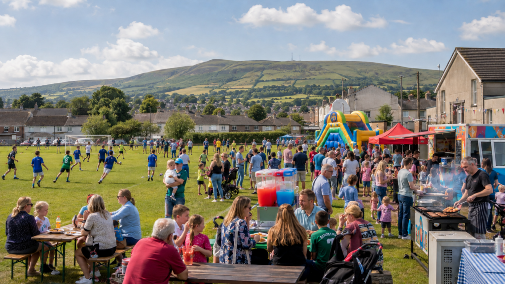 local festival at sports ground with families enjoying the food and entertainment