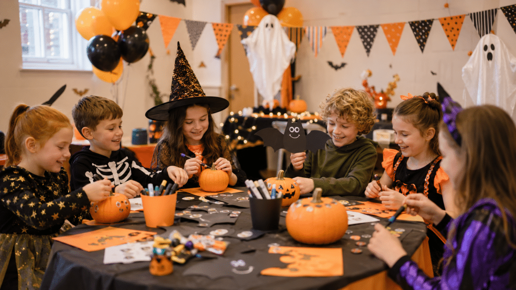Children enjoying an indoor Halloween party crafts at an indoor party in Northern Ireland