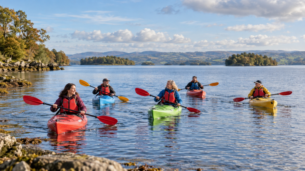 A small group kayaking on a wooded lakeland Lough Erne, Fermanagh