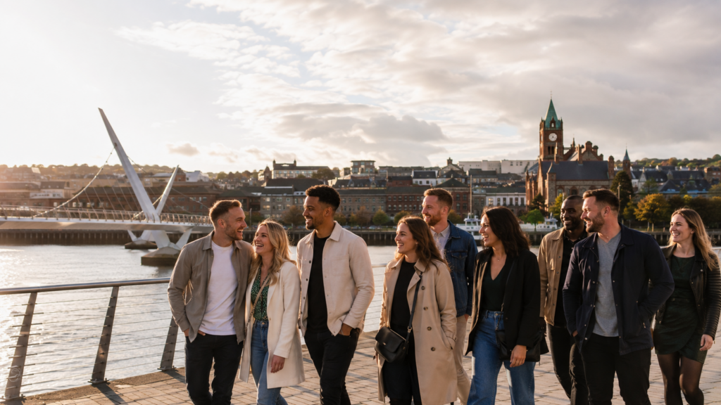 Friends on Derry Stag & hen weekend Celebrate by Derry’s Peace Bridge