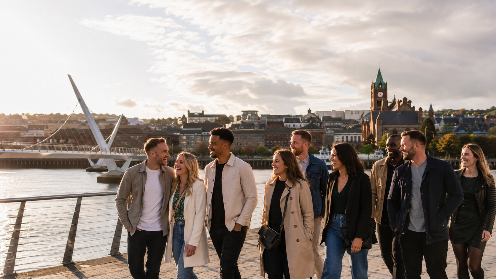 Friends on Derry Stag & hen weekend Celebrate by Derry’s Peace Bridge