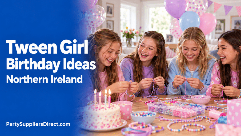 Tween Girl making friendship bracelets at a birthday party with pastel balloons and cake.