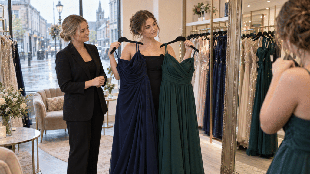 Young woman showing how to choose your formal dress in a Northern Ireland boutique